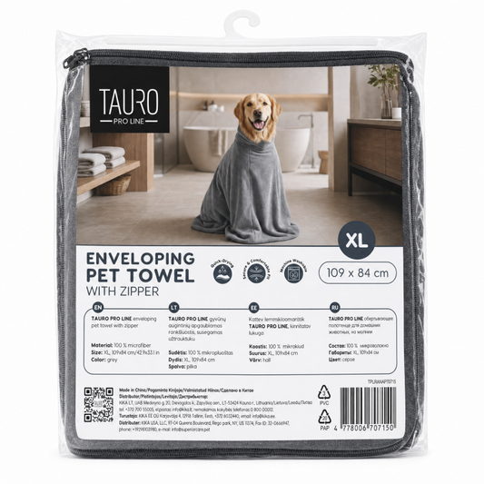 TAURO PRO LINE enveloping pet towel with zipper, grey, size XL, 109x84 cm