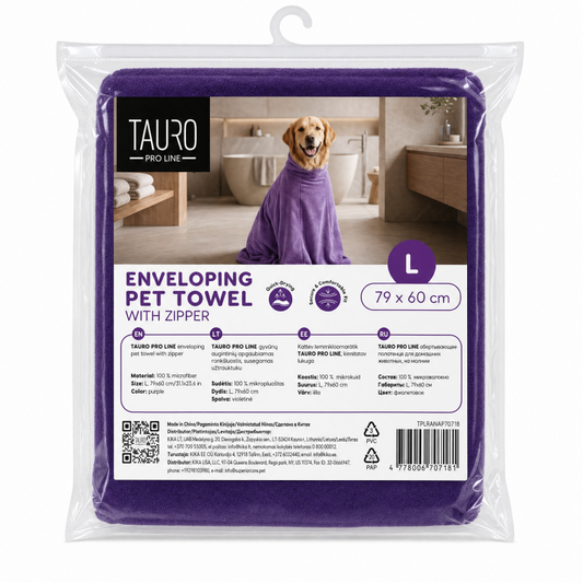 TAURO PRO LINE enveloping pet towel with zipper, purple, size L, 79x60 cm