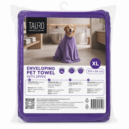 TAURO PRO LINE enveloping pet towel with zipper, purple, size XL, 109x84 cm
