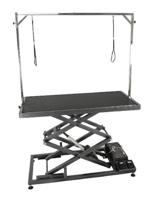 TAURO grooming table for dogs and cats, electrically adjustable height (37.5–113.5 cm), black, 127.5×65 cm