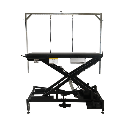 Mesa de peluquería TAURO para perros y gatos, altura ajustable eléctricamente (37,5–113,5 cm), negra, 127,5×65 cm