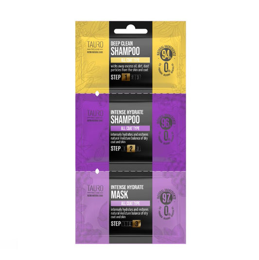 TAURO PRO LINE Ultra Natural Care Deep Clean + Intense Hydrate shampoo and mask sample kit for dogs and cats