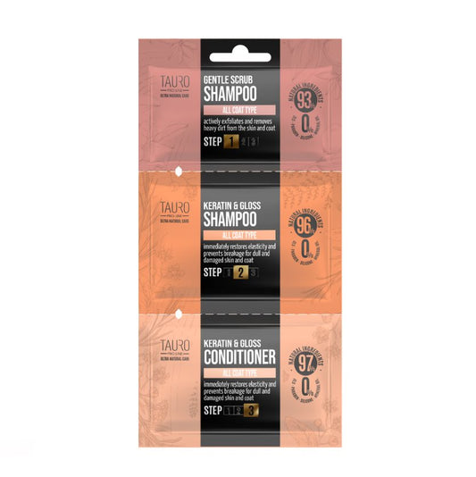 TAURO PRO LINE Ultra Natural Care Keratin shampoo and conditioner sample set for dogs and cats coat care, 3 pcs