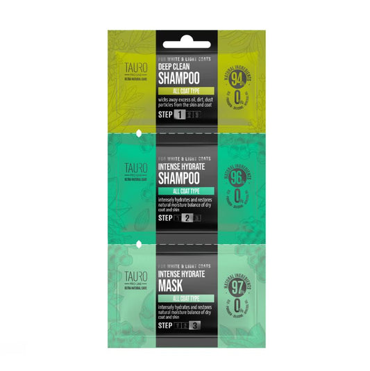 TAURO PRO LINE Ultra Natural Care Deep Clean + Intense Hydrate shampoo and mask sample set for white and light coats, 3 pcs