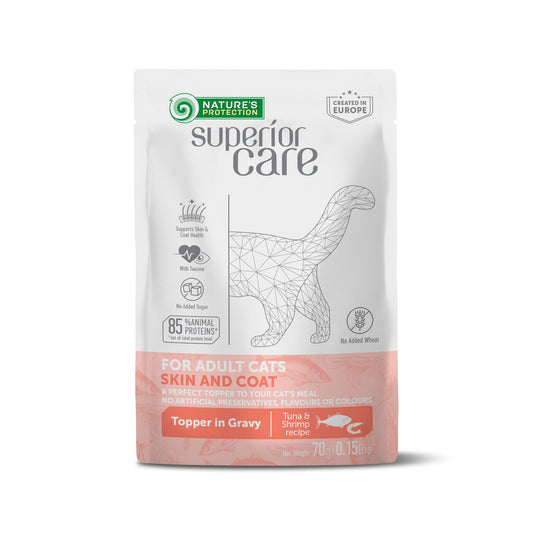 Nature's Protection Superior Care wet food supplement with tuna and shrimp for the skin and coat care of adult cats of all breeds
