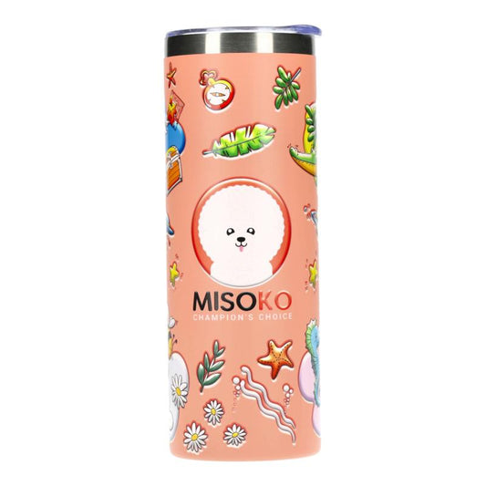 Misoko stainless steel water bottle, pink color, with illustrations and lid