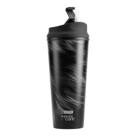 Nature's Protection Superior Care plastic water bottle, with dark coat illustration and straw