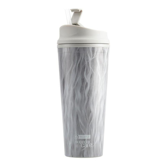 Nature's Protection Superior Care plastic water bottle, with white coat illustration and straw