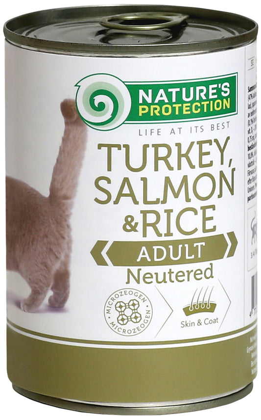 Nature's Protection canned pet food for adult cats with turkey, salmon and rice