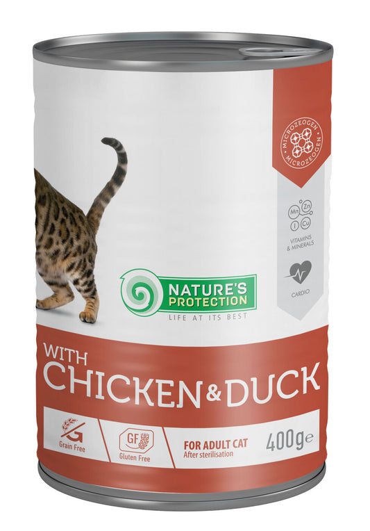 Comida enlatada Nature's Protection para gatos adultos esterilizados con pollo y pato