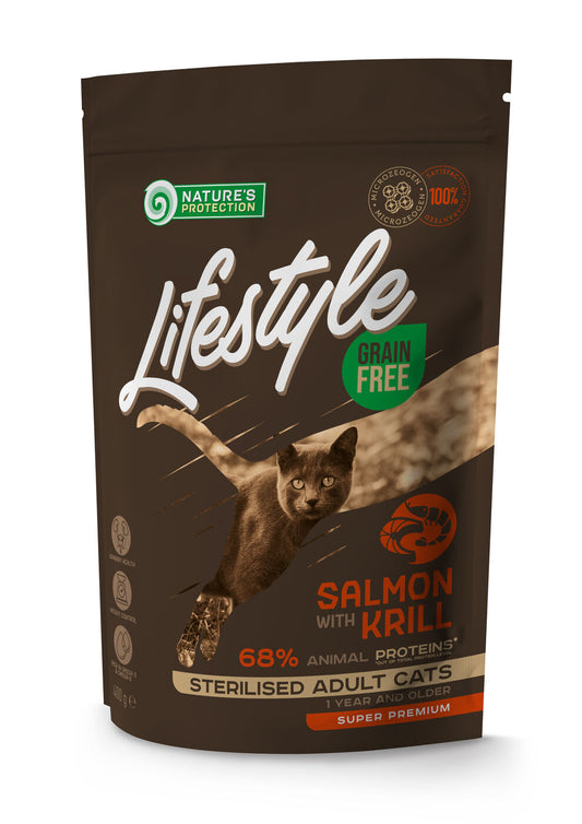 Complete grain-free dry food with salmon with krill for sterilised adult cats