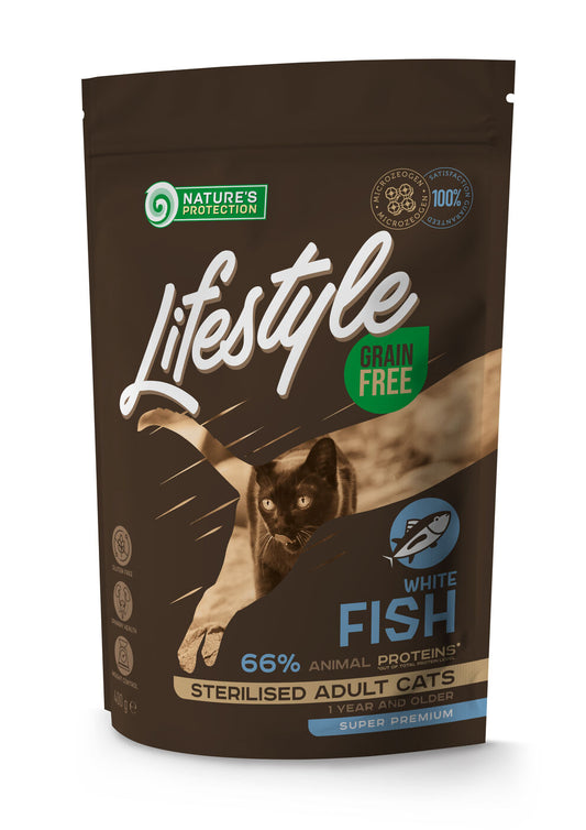 Complete grain-free dry food with white fish for sterilised adult cats