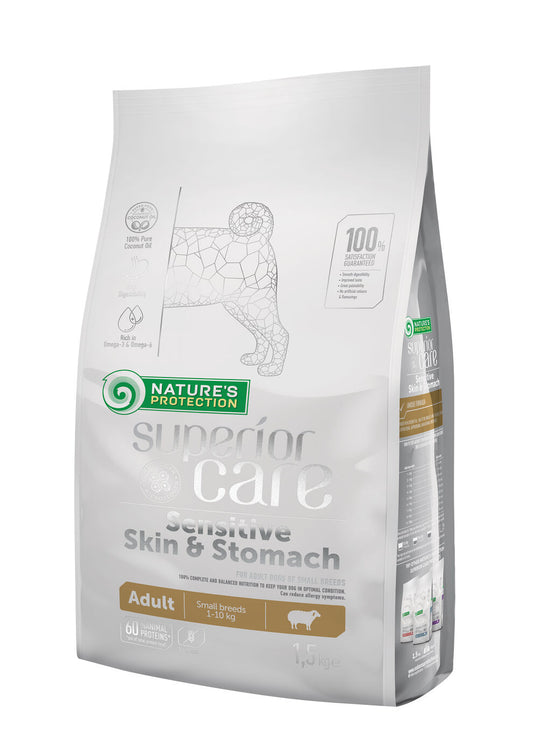 Nature's Protection Superior Care dry food for adult dogs of small breeds with sensitive skin and stomach, with lamb