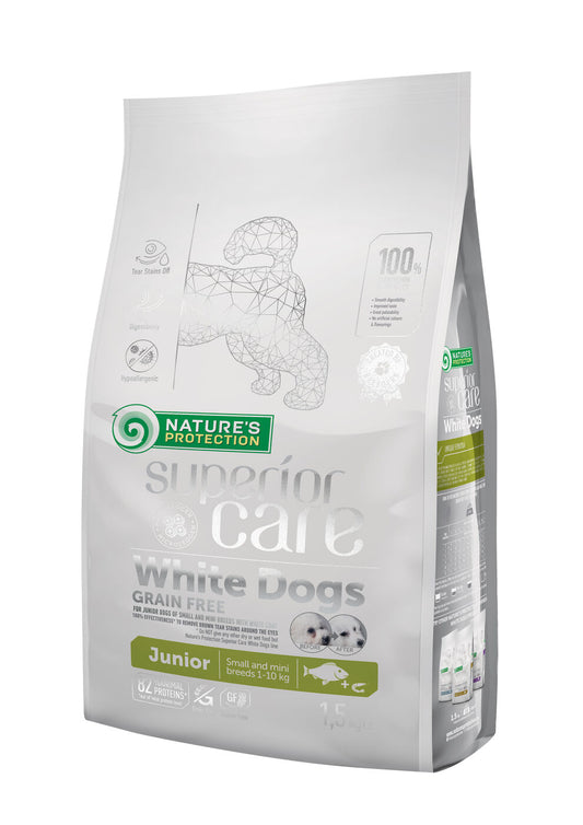 Nature's Protection Superior Care dry grain free food for junior small and mini breed dogs with white coat, with white fish